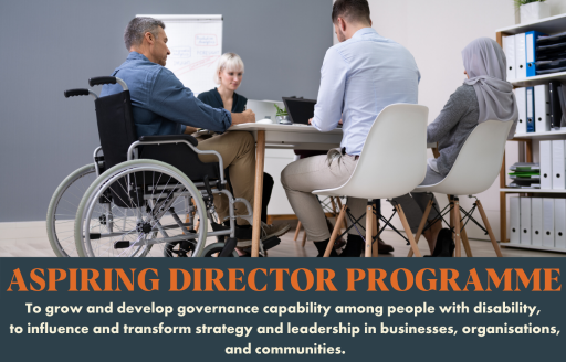 Group of office workers sitting around a table including a male wheelchair user, one other male and two females. Text below image reads Aspiring Director Programme. To grow and develop governance capability among people with disability, to influence and transform strategy and leadership in business, organisations and communities.